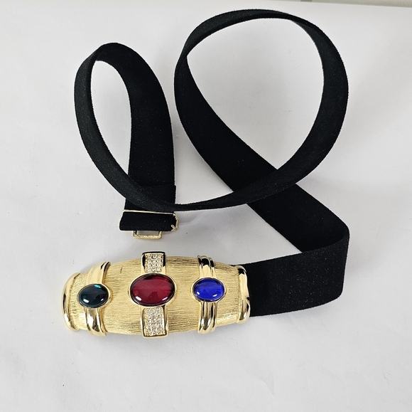 Vintage Dotty Smith black suede belt with chunky gold buckle gems and rhinestone